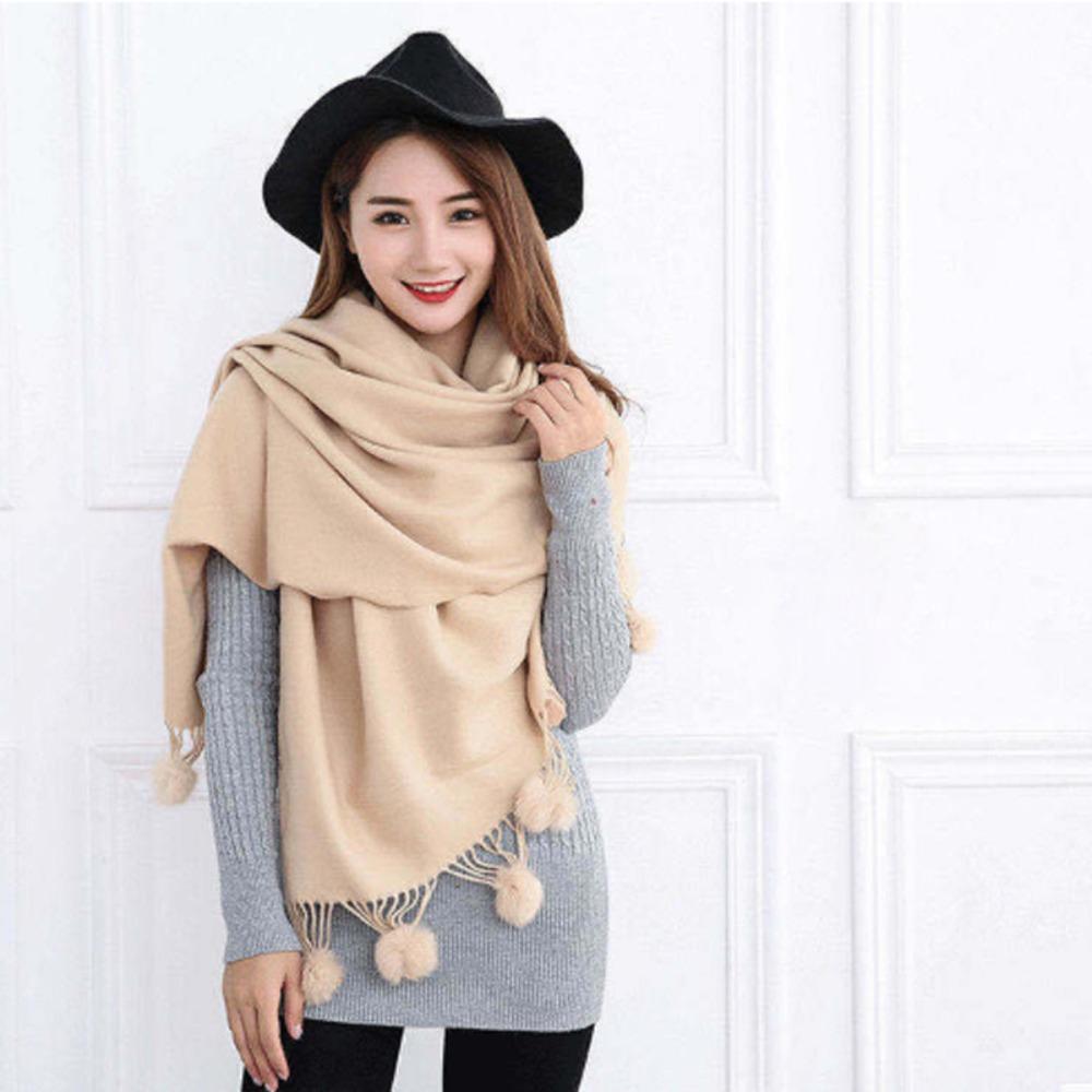 Oversized Rabbit Fur Pom Pom Scarf Solid Color Oversized Pashmina Poncho Outdoor Wear