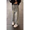 Washed black slim-fitting jeans men's autumn and winter loose straight long pants American high street vibe high-end micro-pull pants