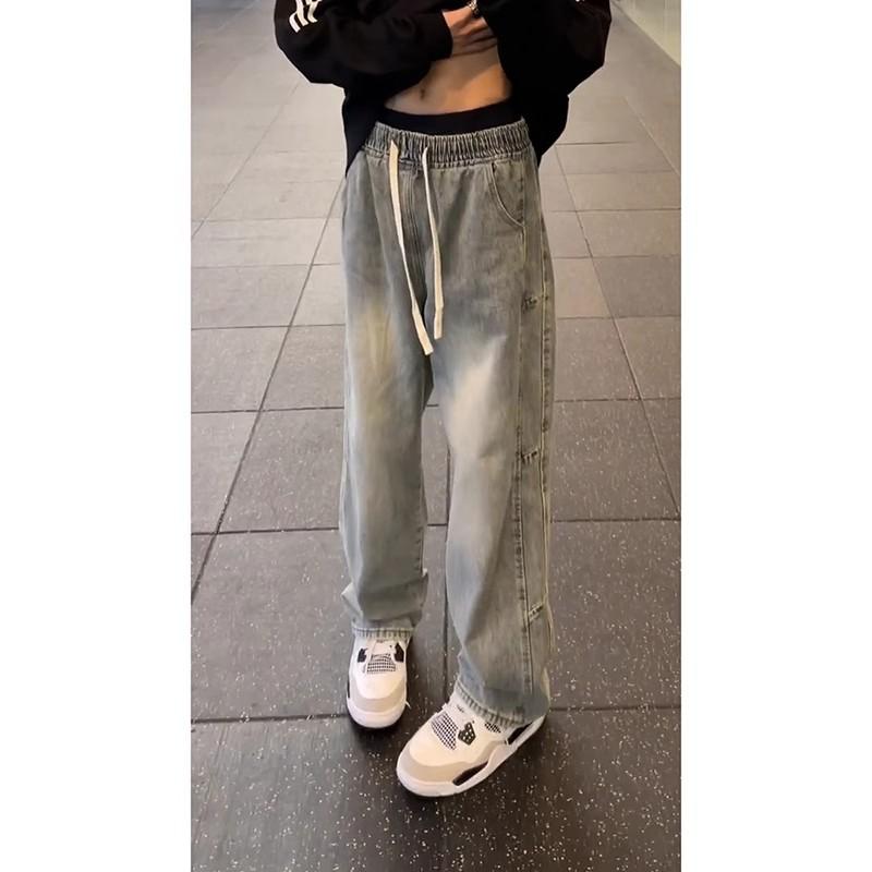 Washed black slim-fitting jeans men's autumn and winter loose straight long pants American high street vibe high-end micro-pull pants