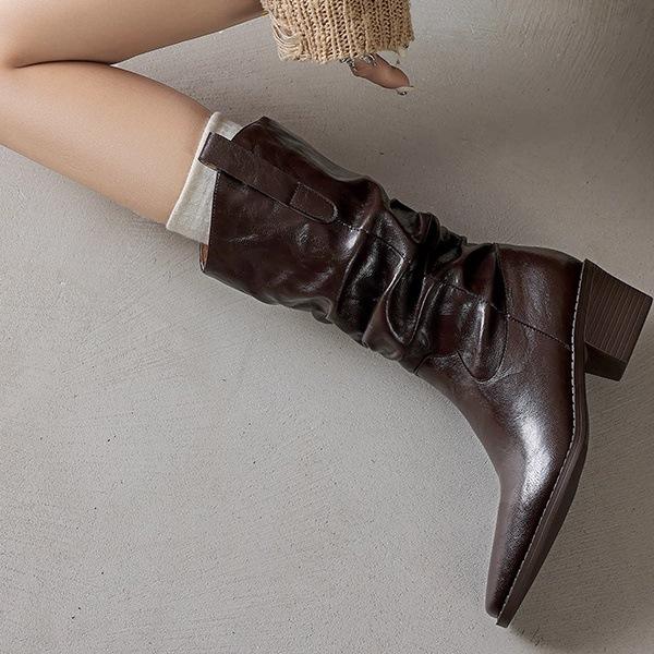 Maillard style leather short boots women's autumn and winter boots stacking boots medium boots knight boots thick heel western cowboy boots