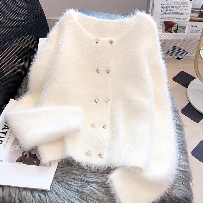 Crew neck imitation mink knitted cardigan women's autumn and winter new gentle temperament thin double-breasted sweater jacket