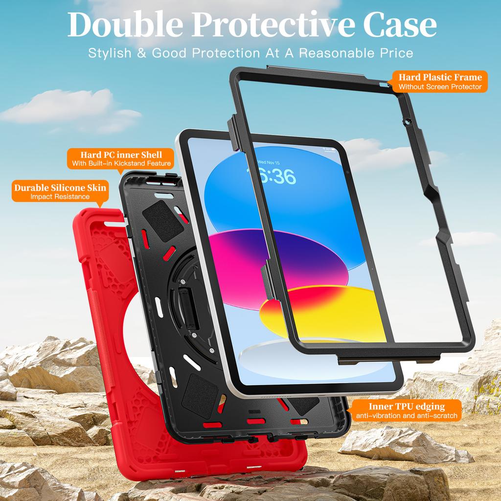 For iPad 11th Gen 11 inch 10th 10.9" With 360 degree rotate Stand Case cover with shoulder strap and pen holder