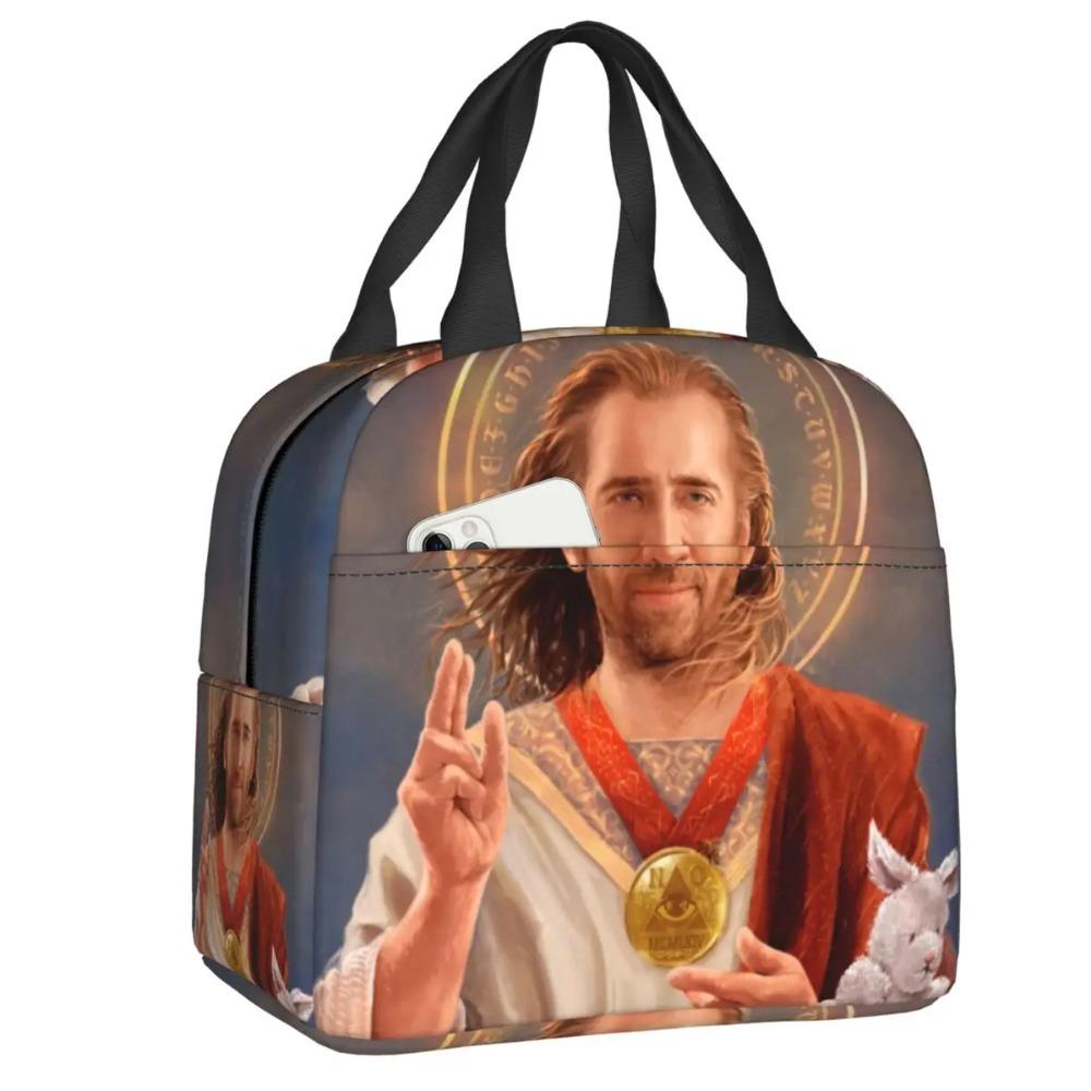 Custom Saint Nicolas Cage Insulated Lunch Bag for Camping Travel Funny Meme Waterproof Thermal Cooler Bento Box Women Children