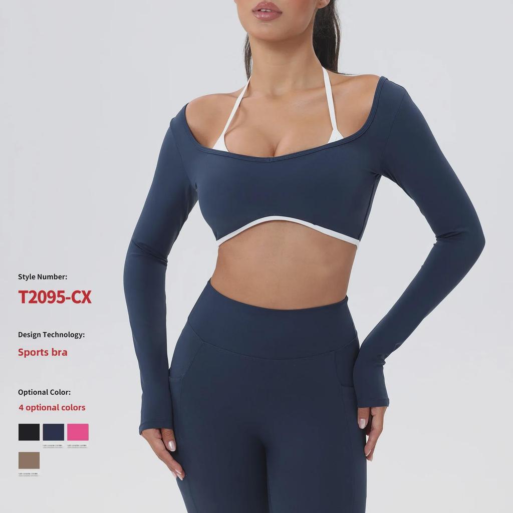 European-American Contrast Long-Sleeve Quick-Dry Yoga Top with Beautiful Back and Built-in Bra