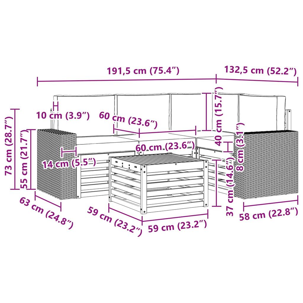 Outdoor Sofa Set 5 pcs Natural and Cream 59 x 59 x 37 cm