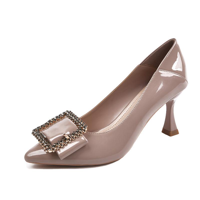 High heels women's stiletto pointed toe nude single shoes women's shoes women's middle heel fashion square buckle