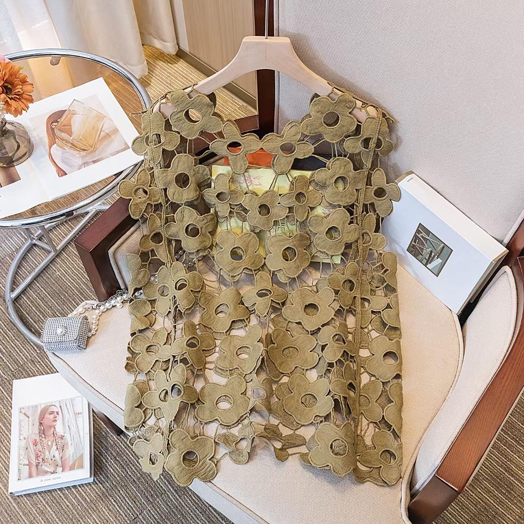 

DIMANAF 2024 Новая футболка женская вязаная кружевная жилетка с круглым вырезом полые летние стильные базовые топы футболки свободная одежда 253 дубильная кора