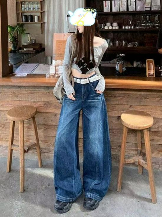 Cross-Border American Retro Washed Denim Wide-Leg Straight-Floor-Length Women's Pants