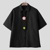 INCERUN Oversized Men Tie Up Neck Short Sleeve Flowers Casual Loose Shirts