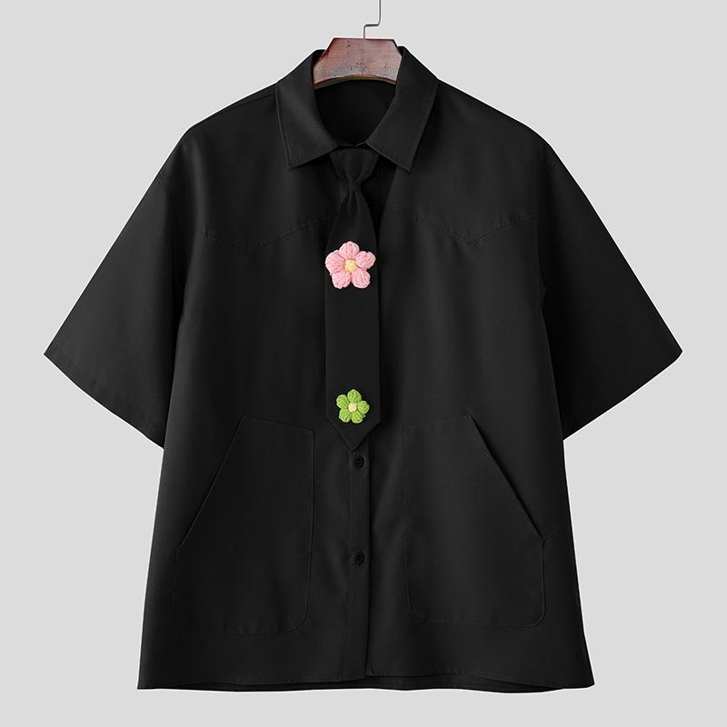 INCERUN Oversized Men Tie Up Neck Short Sleeve Flowers Casual Loose Shirts
