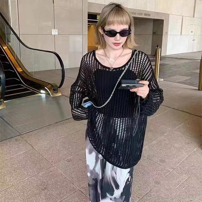 Fashion Loose Long Sleeve Hollow Out Knitted Sweater Women Casual Outer Blouse Thin Hollow Spring Summer Covers Up Long Air-conditioning Shirt Top