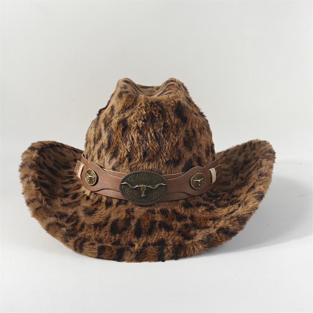 Chapeau de Cowboy en Fourrure de Lapin Imprimé Léopard 7,5 cm Fedora Western Cowboy Chapeau Panama Mode Voyage Fête Chapeau de Cowboy Chaud pour Hommes et Femmes