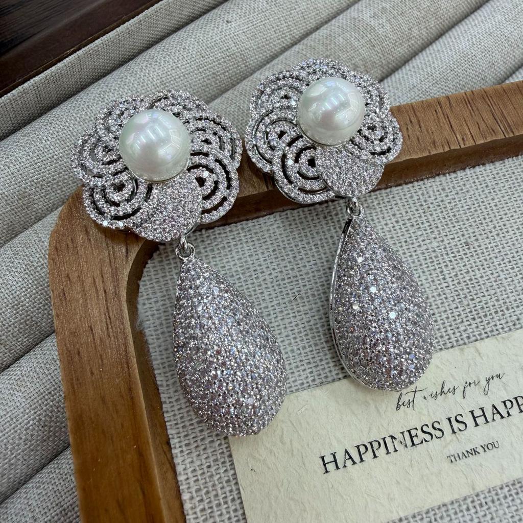 Premium Heavy Industry Large Water Drop Fringed Pearl Earrings Gold-Plated Hot-Selling Flower Pearl Full Zirconium Earrings