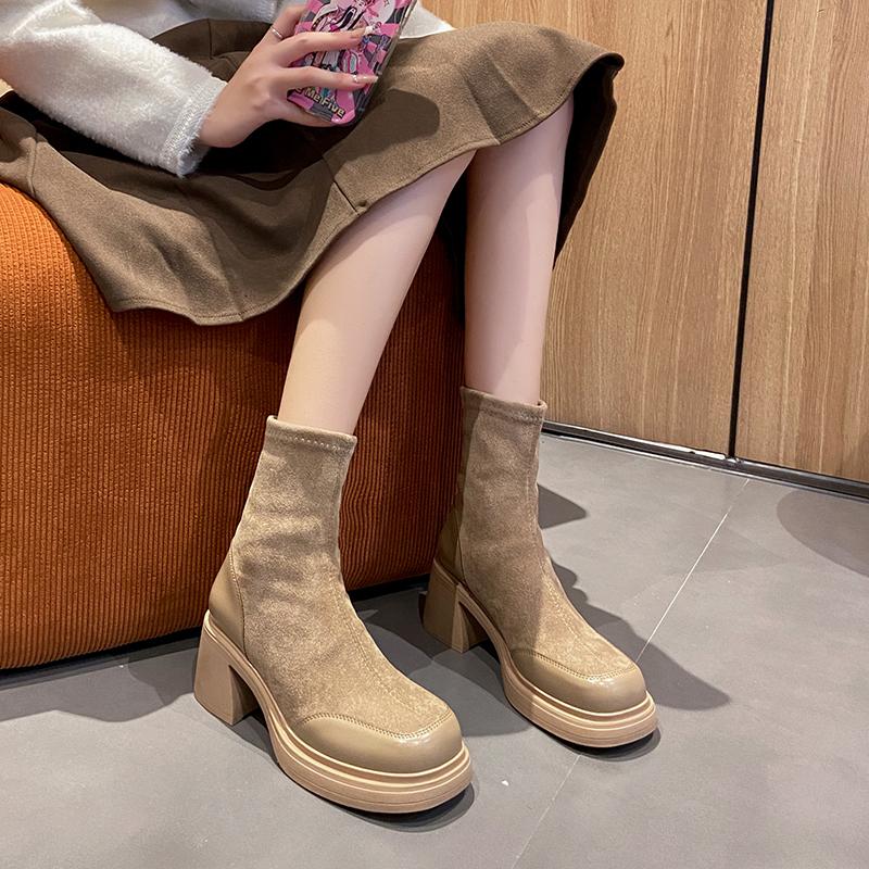 New Style Popular Fashion Platform Women's High-Heeled Boots Lady Fabric Comfortable Rubber Hoof High-Heeled Boots Zapatos Mujer