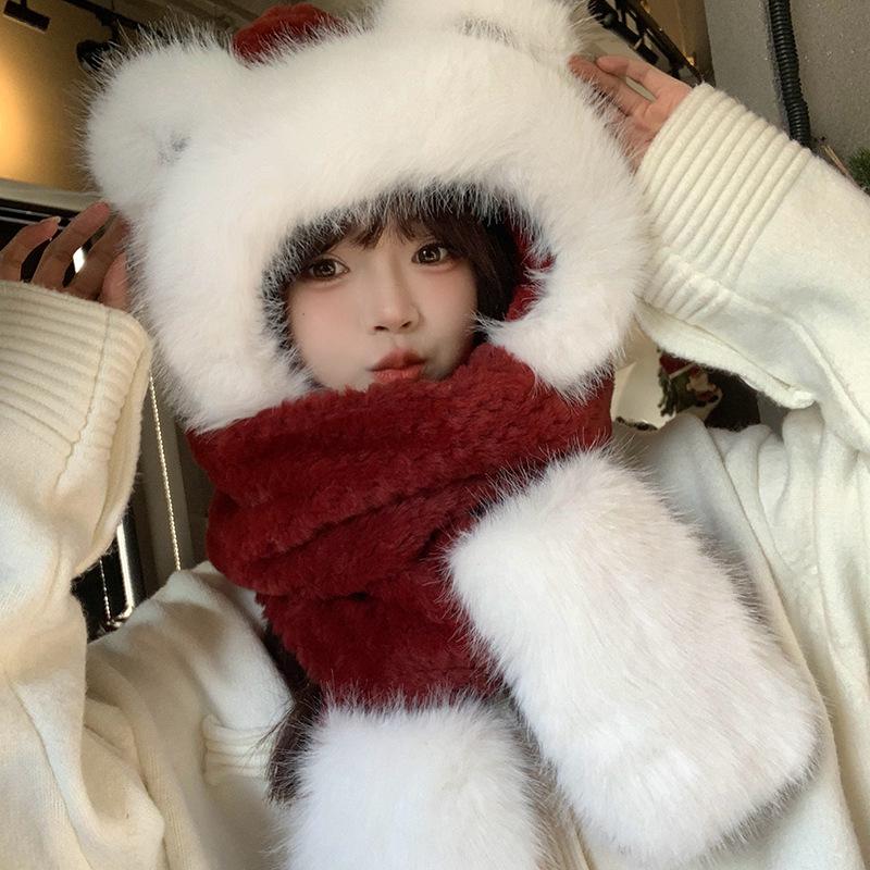 2025 Women's Cute Bear Hood: Winter Plush Hat, Scarf, Gloves Set