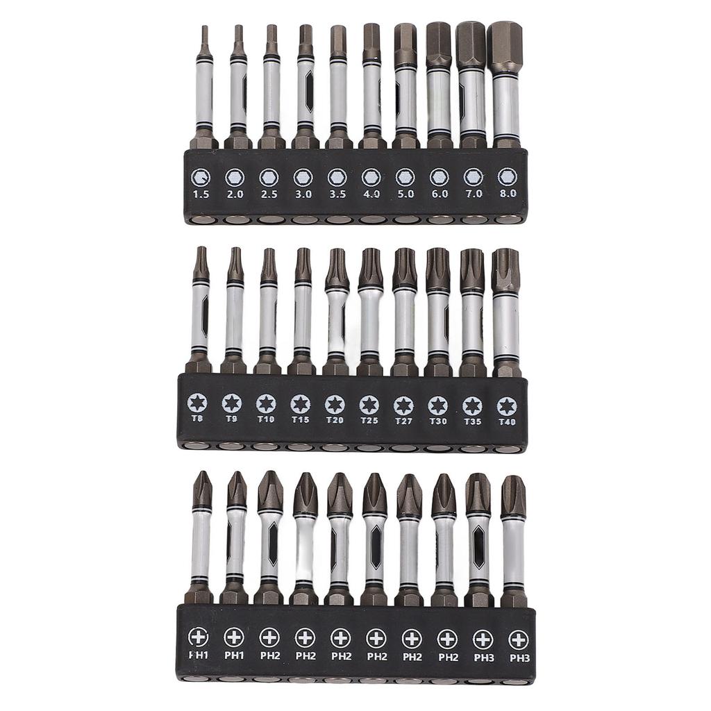 30 Stück Schlagschrauber-Bit-Set D2 Legierter Stahl Magnetisch 2 Zoll Sechskantschaft Sechskant Stern Kreuzschlitz Schrauberbit