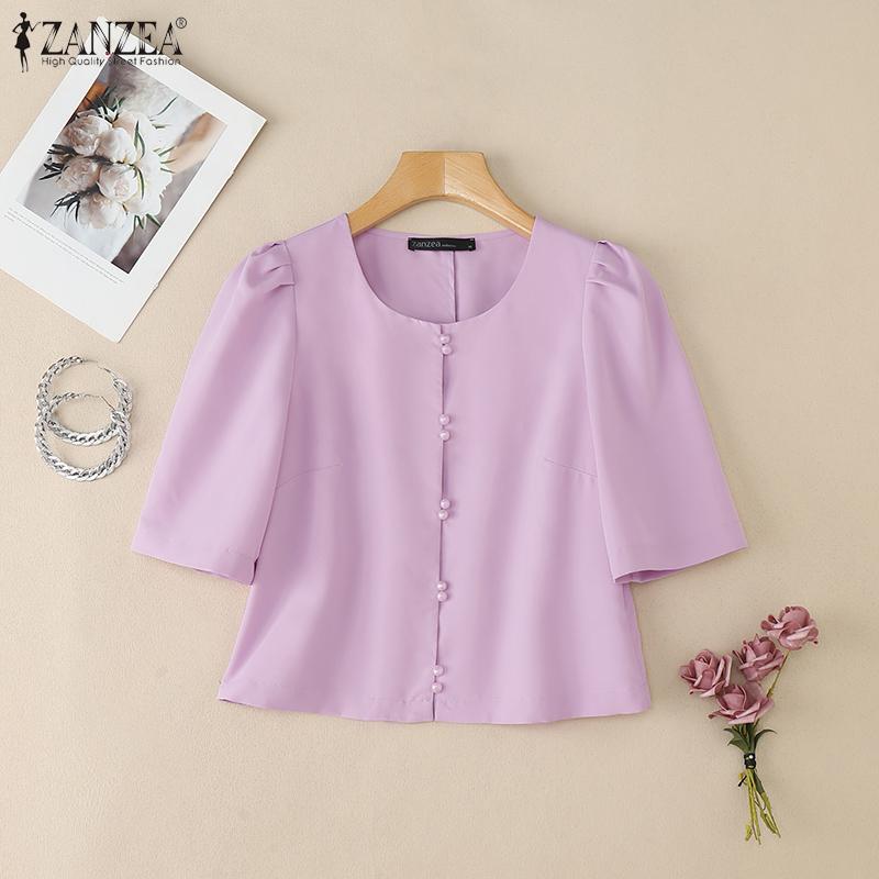 ZANZEA Women Casual Round Neck 3/4 Sleeve Summer Plain Blouse