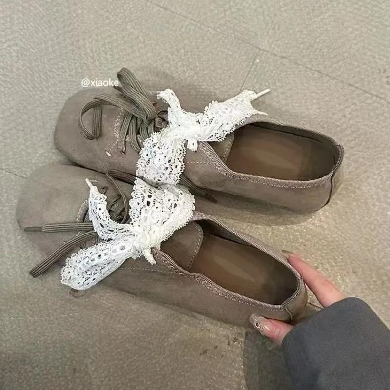 Women's Flat Shoes Bow Tie Lace Suede Ladies Shoes Versatile Comfortable Square Toe Spring and Autumn New Zapatillas De Mujer