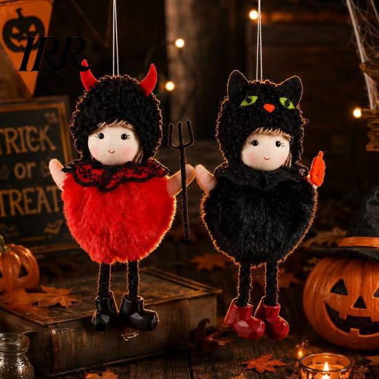 Witch And Black Cat Plush Set Halloween Hanging Doll with Lanyard, Cute Furry Pom Soft Ball Ornament for Doors Windows Trees Party Decor Decoration