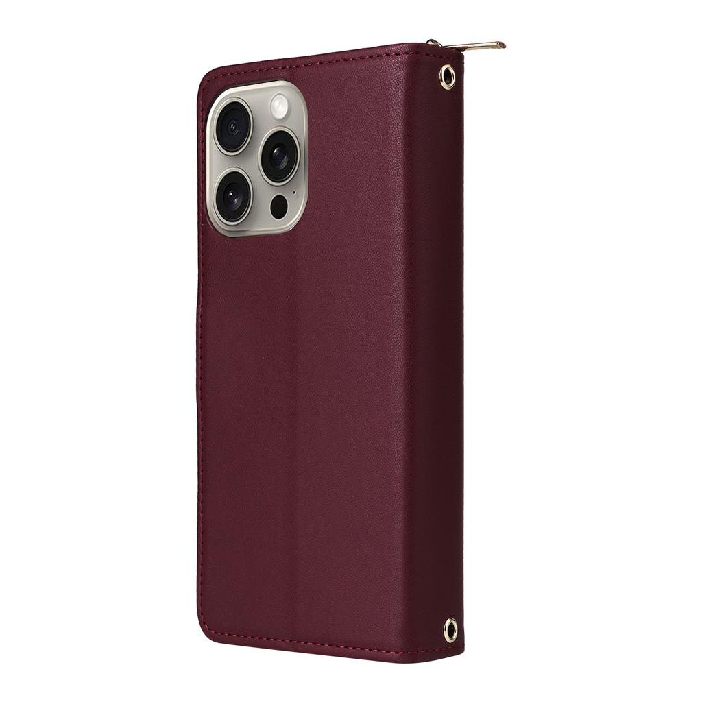 R20 For iPhone 15 Pro Max Case Zipper Pocket PU Leather Cover with 9 Card Slots