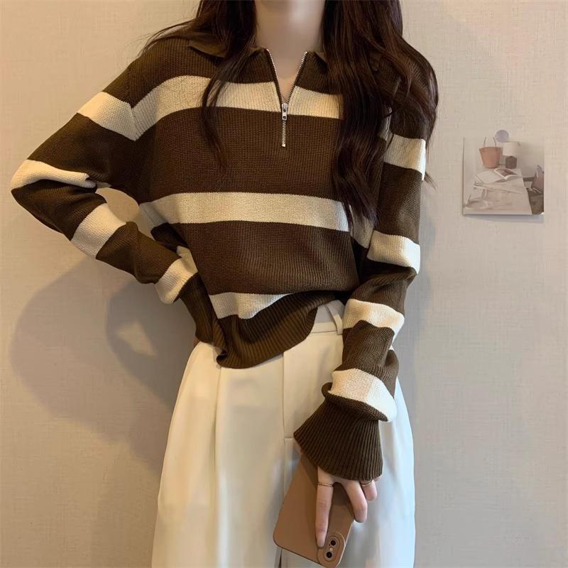 Zipper Knit Base Layer Inner Wear Striped Knit Shirt Women Autumn Winter Long Sleeve Top Winter