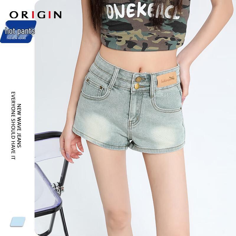 ORIGIN High Waist Light Blue Denim Hot Pants M светло-синий