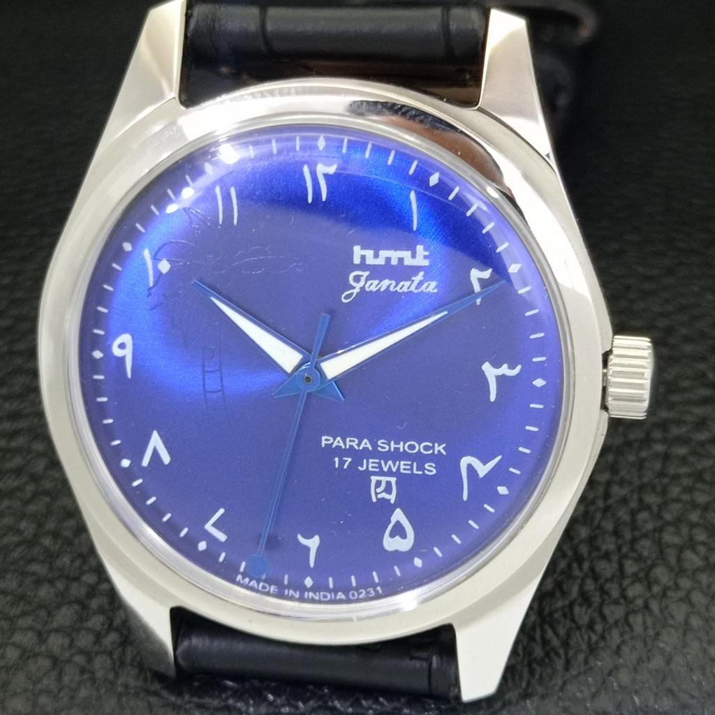 VINTAGE HMT JANATA HAND-WINDING INDIAN MENS ARABIC BLUE DIAL WATCH a440930-4