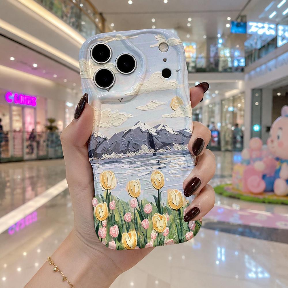 Oil Painting Mountain Tulip Lake Scenery Wavy Edge Phone Case For iPhone 17 16 15 14 13 12 11 8 7 Plus Pro Max Soft Cover