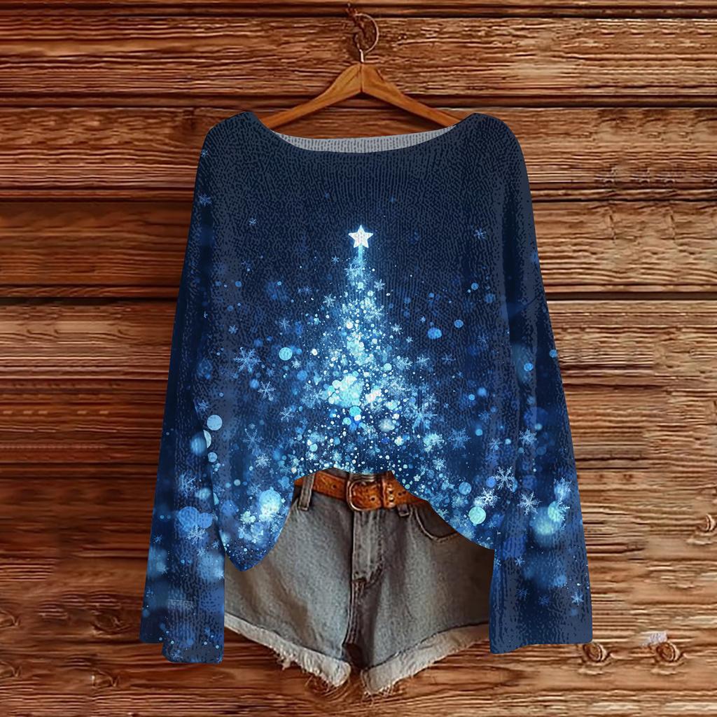 Women's Fashion Christmas Print Lightweight Sweater Casual Long-Sleeve Knit Pullover Top