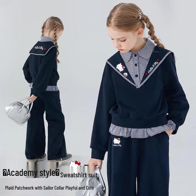 Hello Kitty Girls  Sailor Collar Plaid Patchwork Set 140