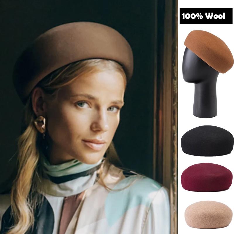 Garden Supplies My Women's Autumn Winter 100% Wool Felt Blocked Beret Elegant Bread Pumpkin Berets Men Wedding Painter Pillbox Fascinator Hat 57Cm