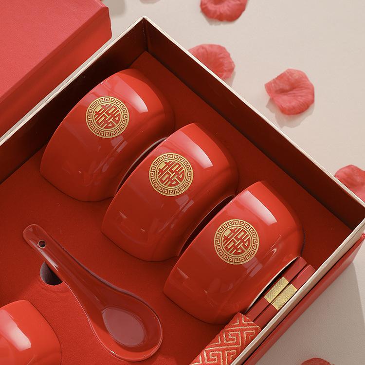 Chinese Wedding Red Bowls & Chopsticks Set: Bride Dowry Gift Pair