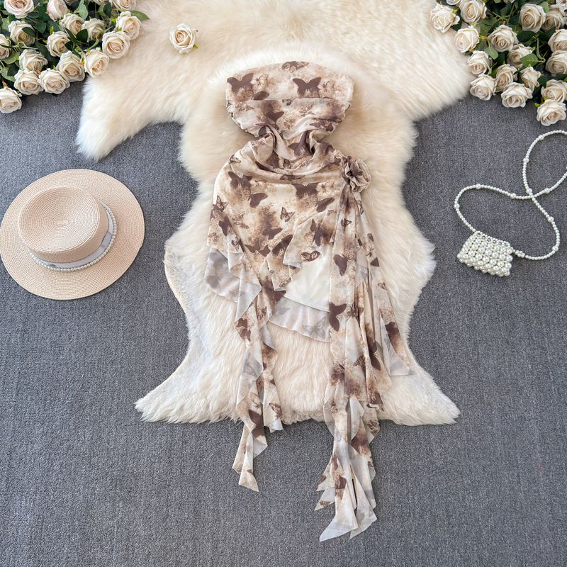 

Fashion Sweet Cool Sexy Style Sexy Dress Women s Stylish Ruffles Short Irregular Skirt Tube Top Dress Apricot bottom Print One size