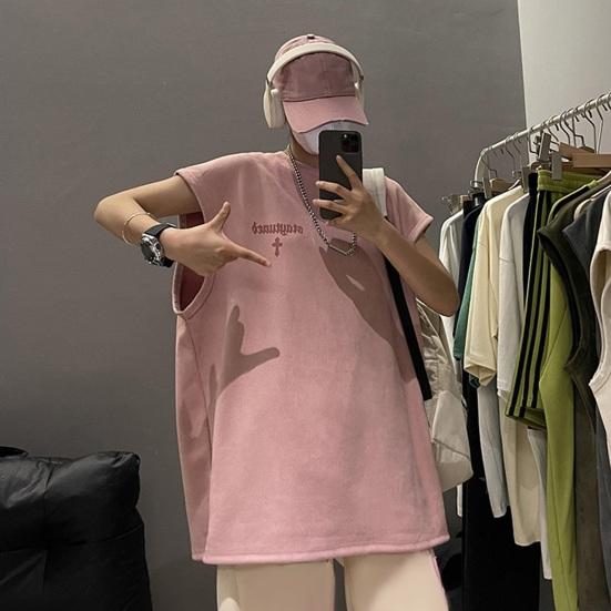 

Спортивный жилет унисекс с круглым вырезом и широким ремнем, однотонные топы без рукавов, цвет плеча, свободный крой средней длины с буквенным принтом M абрикосовый