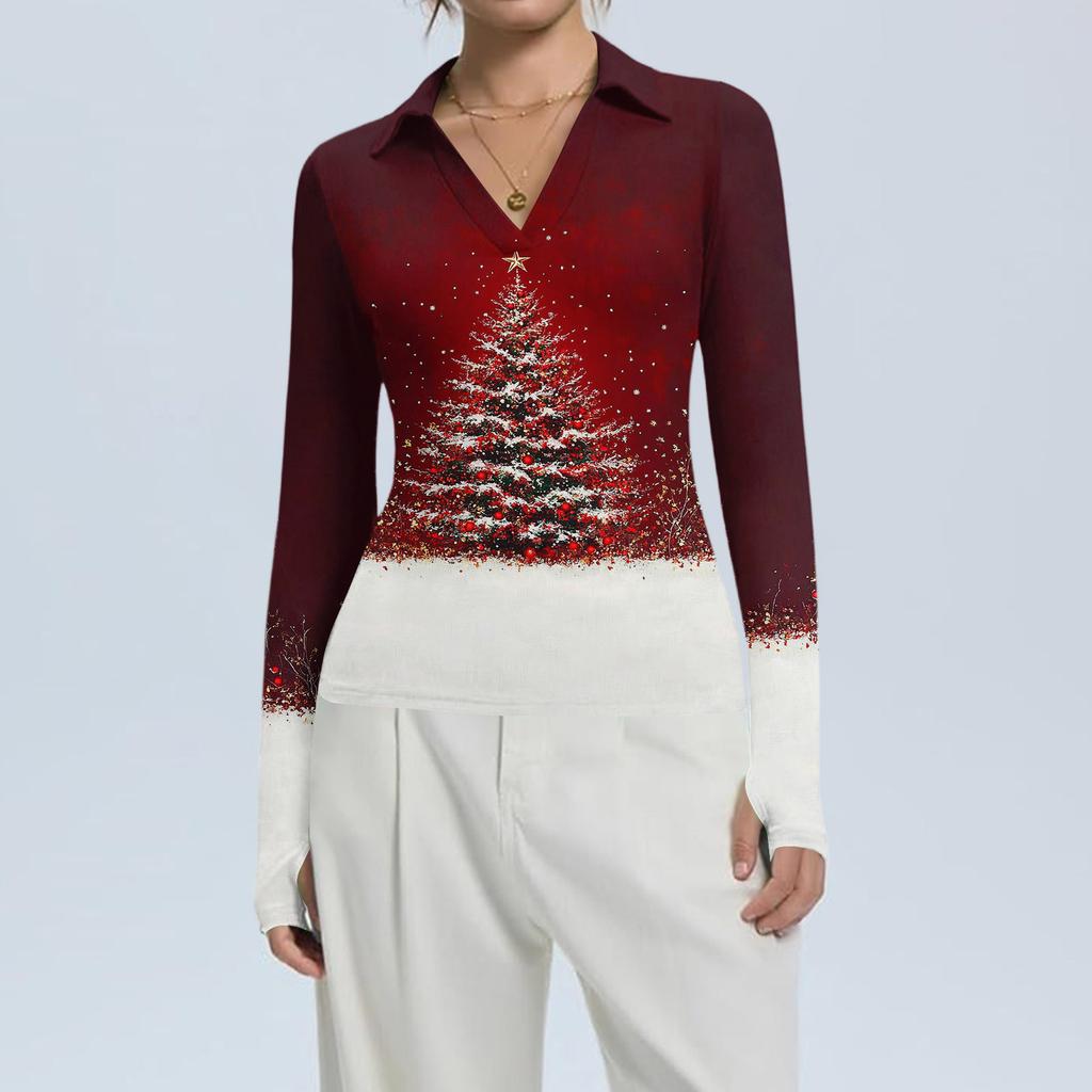 Damenmode Lässig Weihnachts-Print V-Ausschnitt Langarm Knopfleiste Oberteil