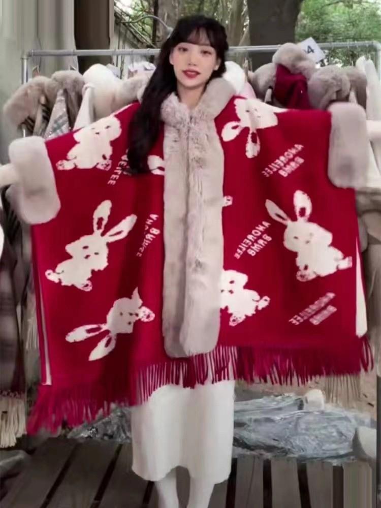 869# Women's Plaid Fleece-Lined Knitted Shawl Cape with Thick Fur Collar