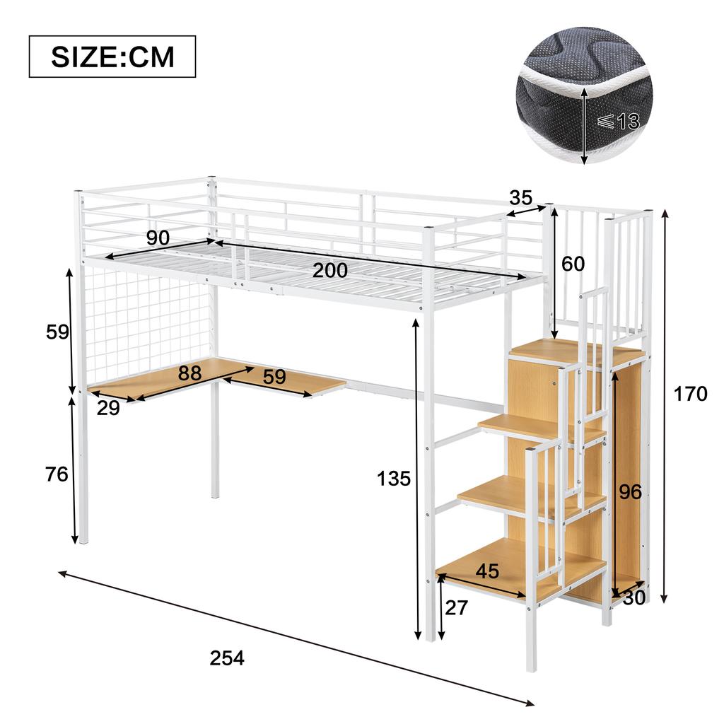 [32552890WAA] Iron Bunk Loft Bed, for Children and Teenagers, Table and Wardrobe, Side Ladder Handrail, Iron+Chipboard, White+Natural, 90x200cm