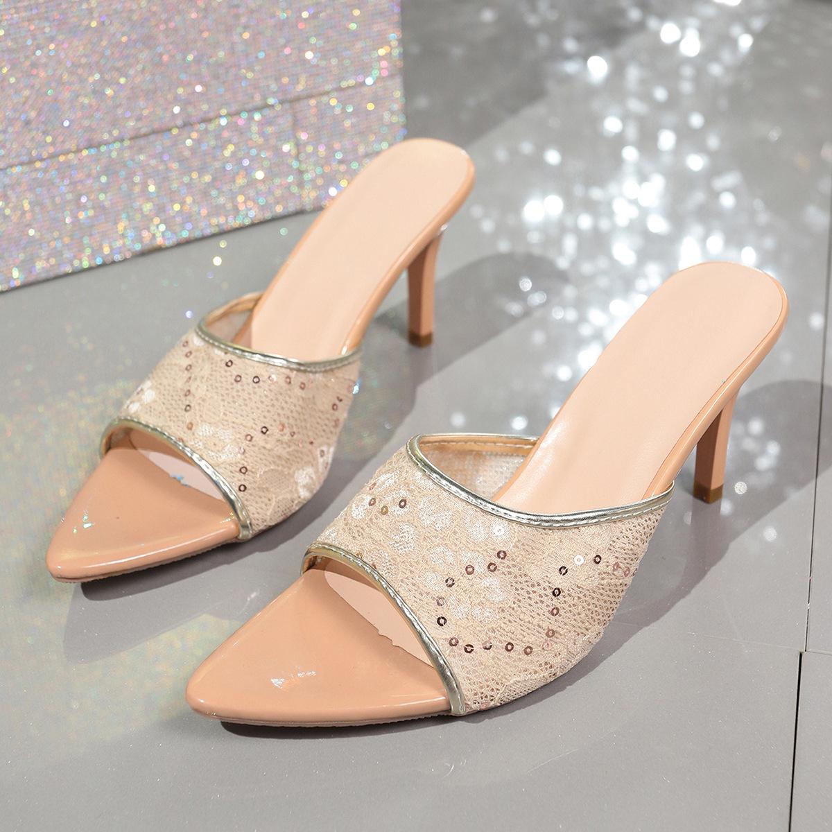 

Foreign trade large size women s shoes 2025 new mesh lace sequins thick heel transparent crystal heel high heel cool slippers 35