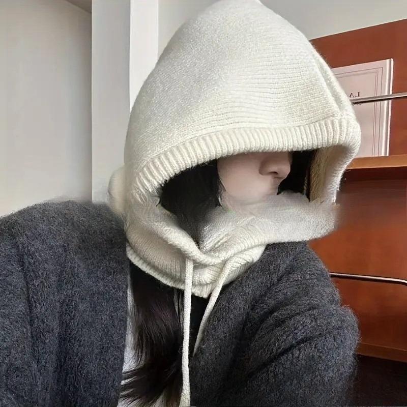 

Трендовая балаклава, французская шапка для девочек, милая вязаная шапка однотонного цвета, воротник, худи цельного кроя, теплая шапка, зима One Size белый