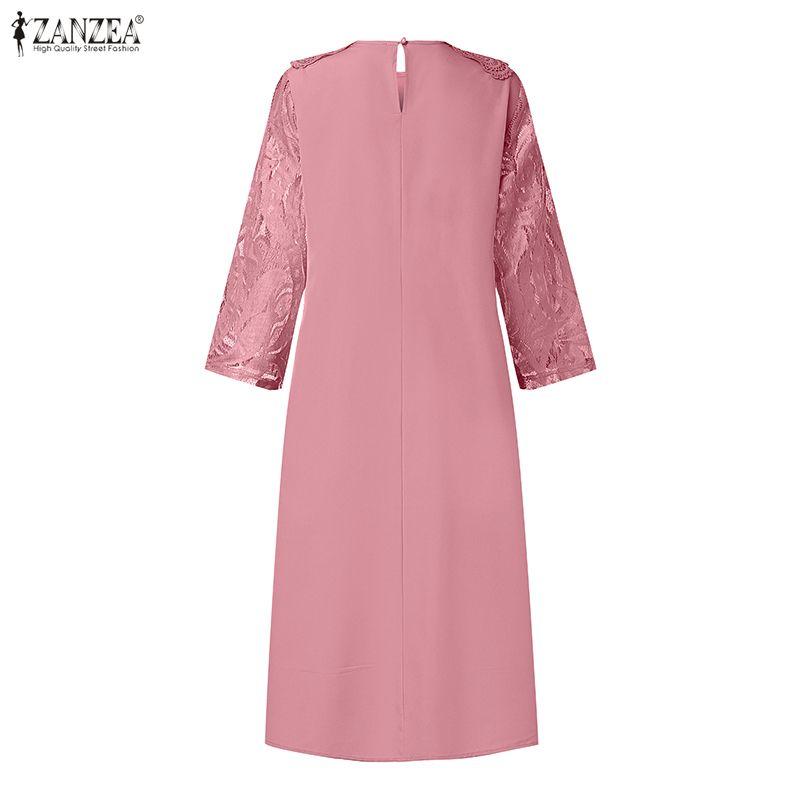 ZANZEA Women Casual Round Neck 3/4 Sleeve Patchwork Lace Sheath Dress