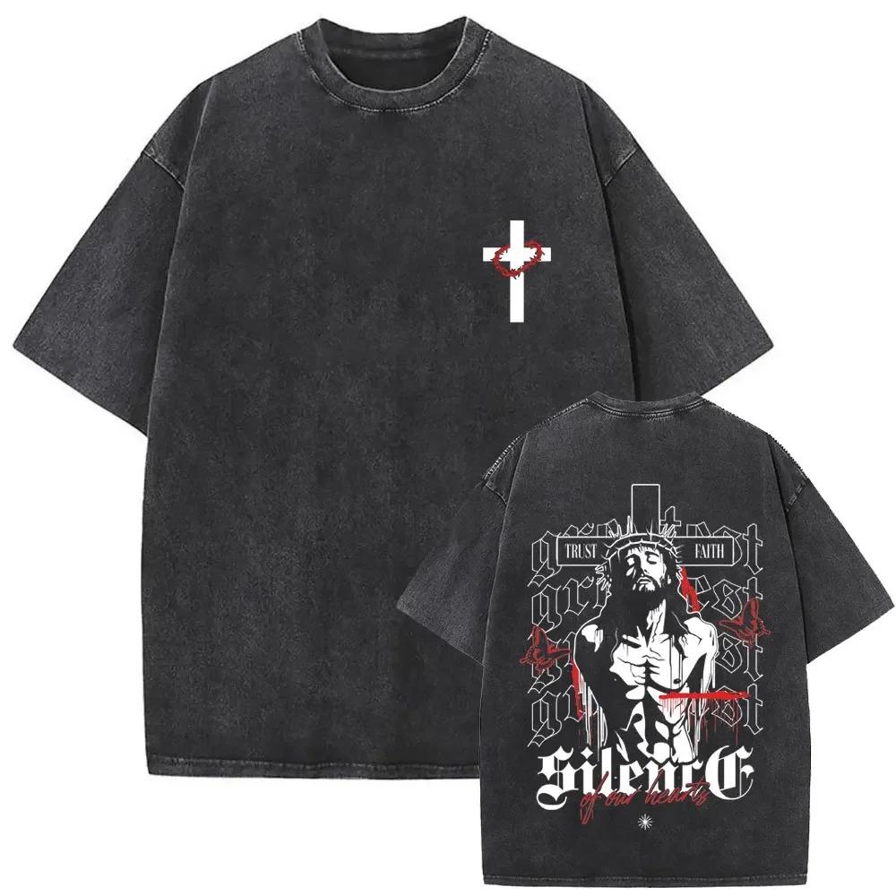 T Shirts Men Women Fashion Oversized Washed Vintage Christian Religious Jesus Face Graphic T-shirts Male Retro Rock
