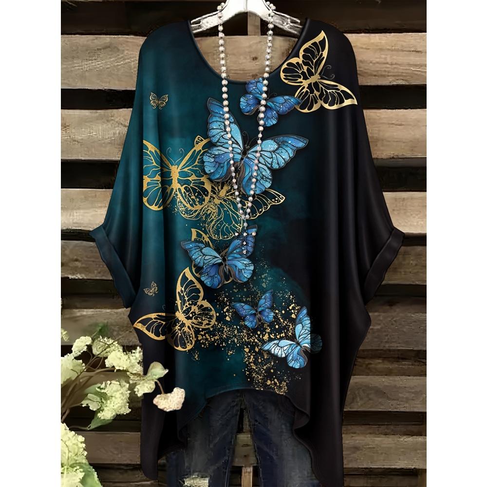 Stor T-shirt för kvinnor med fjärilstryck Sommar Bekväm Lös Rundhals Kortärmad Topp Y2k Mode Street Vintage Kläder