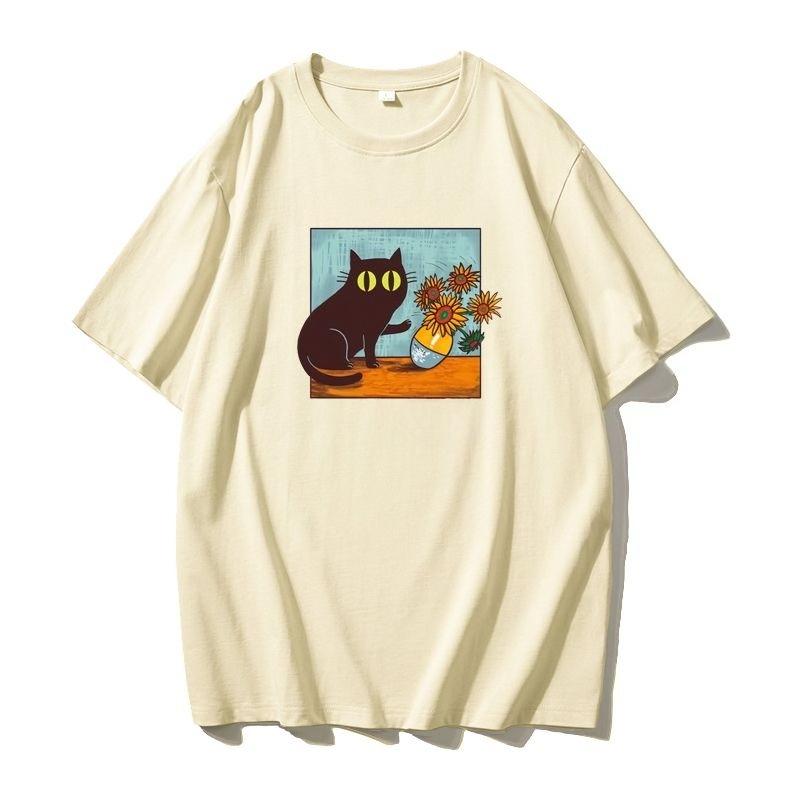 Roztomilé Zábavné Kočičí Pánské Tištěné Tričko s Krátkým Rukávem Letní Ležérní Všestranné Streetová Atmosféra Chladivé Prodyšné Nadměrné Top