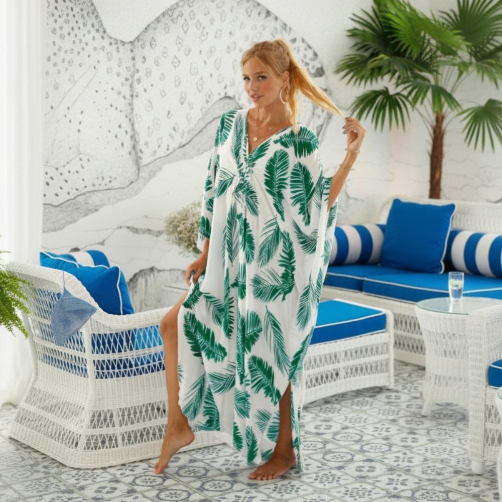 Lässige Boho Bikini Cover-ups Blattdruck Übergroßes Strand-Cover-Up Offene Vorderseite Langes Kleid Strandmode Für Damen