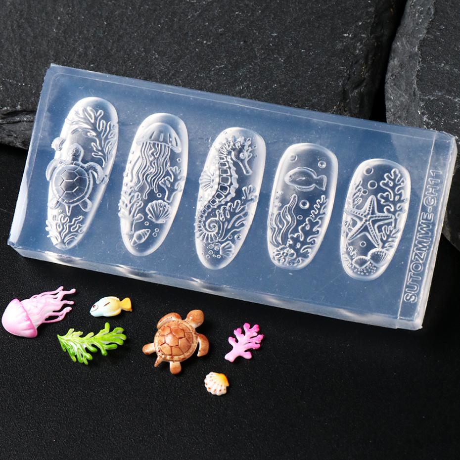 Xiaomi 3D Ocean Style Silicone Nail Art Mold Starfish, Jellyfish, Turtles, Coral, Seahorses Marine Life Patterns Nail Mold Nail Tools