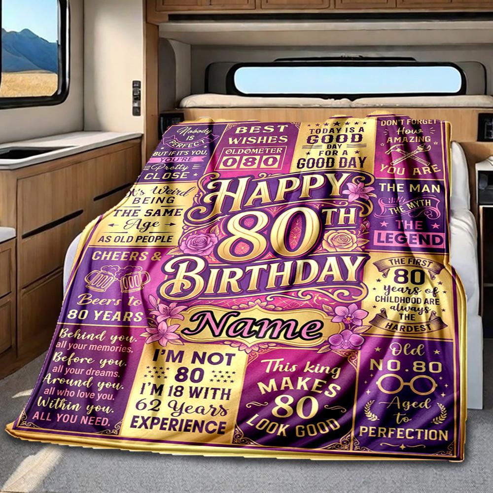 80Th Birthday Celebration Blanket Personalized Name Soft Comfortable Stylish Blanket Car Blanket Perfect For Travel Camping Outdoor Home Suitable For
