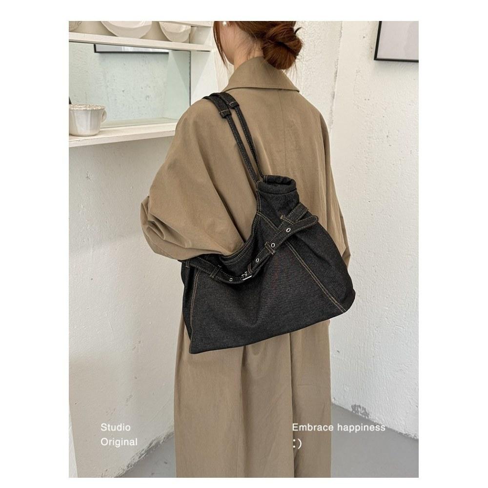 Women Vintage Pleated DenimTote Bag for Daily Commute