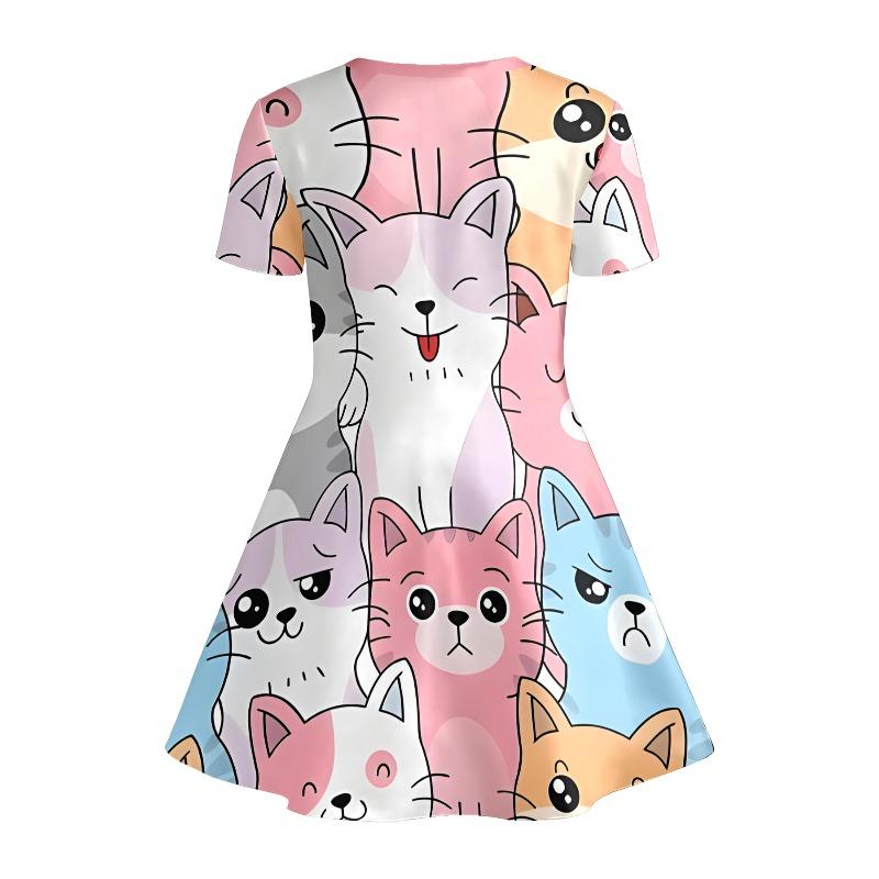 Cute Cartoon Cat Print Dress for Girls Childrens Casual Short Sleeved A-line Swing Dress Suitable for Birthday Gifts and Parties