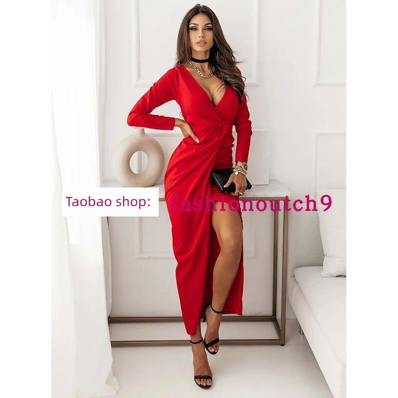 

2025 Новое платье с V-образным вырезом, длинными рукавами и разрезом, вечернее платье Red 2XL