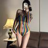 Vibrant Rainbow Lace-Up Fishnet Bodysuit: Off-the-Shoulder, Sexy, See-Through Lingerie
